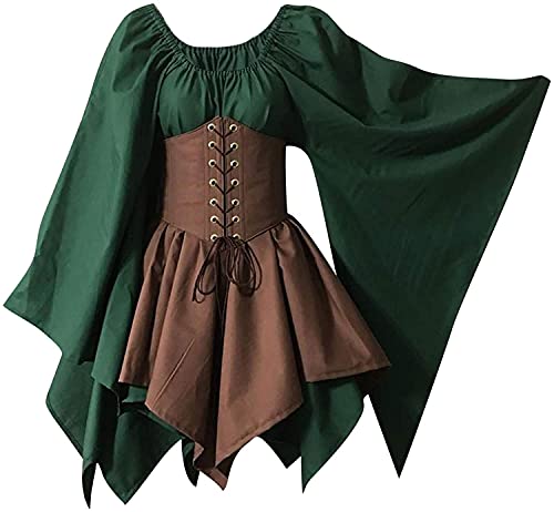 Qichenx Damen Kleid mit Trompetenärmel Gebunden Taille Gothic Retro Mini Kleid Cosplay Kostüm Kleid Karneval Halloween Party (grün Khaki, S) von Qichenx