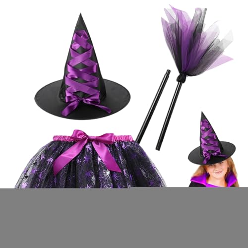 Qidures Hexen Kostüm Damen, Hexenkostüm Kinder, Halloween Kostüm Kinder Hexe Set, Tütü Hexen Hut, HexenFaschingskostüme Cosplay, Tütü HexenVerkleidung Set Für Halloween Mit Hexenhut Und Besen von Qidures