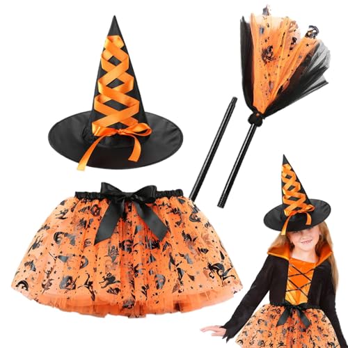 Qidures Hexen Kostüm Damen, Hexenkostüm Kinder, Halloween Kostüm Kinder Hexe Set, Tütü Hexen Hut, HexenFaschingskostüme Cosplay, Tütü HexenVerkleidung Set Für Halloween Mit Hexenhut Und Besen von Qidures