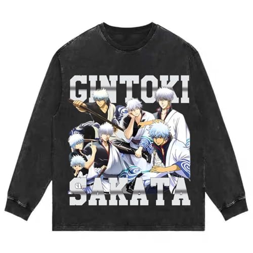 Qigmhua Sakata Gintoki Sweatshirt Anime Hoodies Sakata Gintoki Langarm Tops Cartoon Sportpullover Vintage Wash Styles Pullover-Shirt von Qigmhua