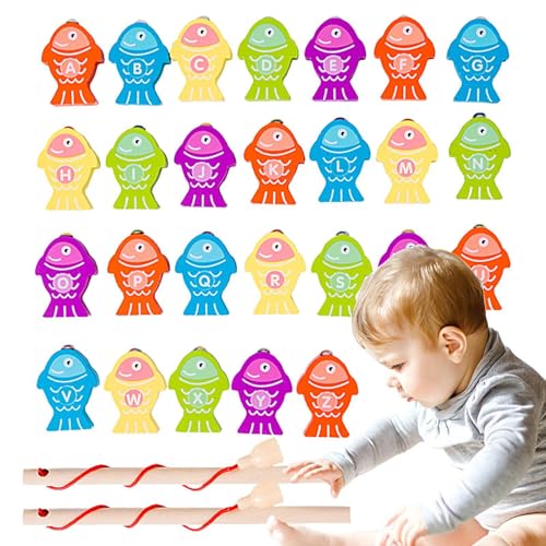 Qikam Fischereispielzeug für, magnetisches Fischereispiel - Holzbriefe Fischereispiel,Feinmotorik -Fähigkeitsnummer Frühes Bildungsspielzeug Vorschulbad für Kinder von Qikam