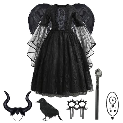 Qikam Kleines Schwarzes | Halloween Prinzessin Gothic | Flügel Kopfschmuck Armband Halskette Set Für Bühne Ball Foto Requisiten von Qikam
