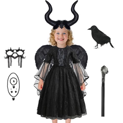 Qikam Königin Kostüm | Halloween Schwarzes für Kleine Mädchen,Abend-Set Für Kinder Von 2 Bis 10 Jahren Für Prunkball Geburtstag Heimkehrfest Theater von Qikam