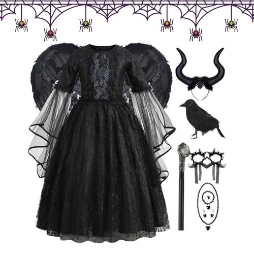 Qikam Königinnenkostüm - Schwarzes Halloween-Kostümkleid,Abendkleid-Set Für Kinder Von 2 Bis 10 Jahren Für Prunkball Geburtstag Heimkehrfest Theater von Qikam