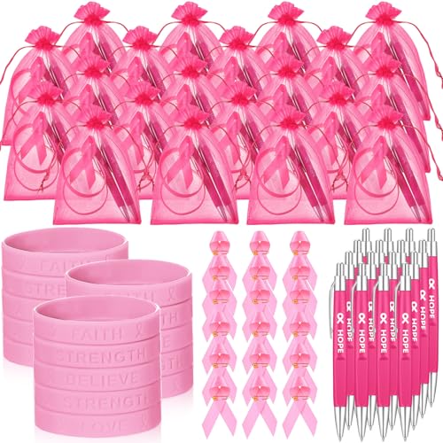 Qilery 50-teiliges Krebsbewusstseinsgeschenk-Set, inklusive Brustkrebs-Band, Stift-Stift und Taschen für häusliche Gewalt, Leukämie, Pankreata, Lupus, Multiple Sklerose, Artikel (Rosa) von Qilery