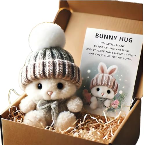 Mini-Hasen-Umarmung, niedliches Ostergeschenk, Plüsch-Hase mit Strickmütze und Bommel, emotionale Unterstützung, positive Häkelpuppe, Mini-Ra/Bit, Senden eines H/ug G/ifts, B/unny Stofftiersets von QinZiEn