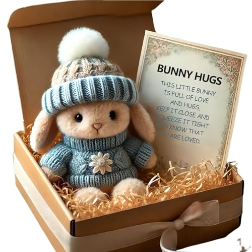 QinZiEn Mini-Hasen-Umarmung, niedliches Ostergeschenk, Plüsch-Hase mit Strickmütze und Bommel, Mini-Bu/nny Hu/g, niedliches Oster-G/Ift, Hasenpuppe, Sending A Hug G/ift, B/unny Stofftier-Set, Seeblau von QinZiEn