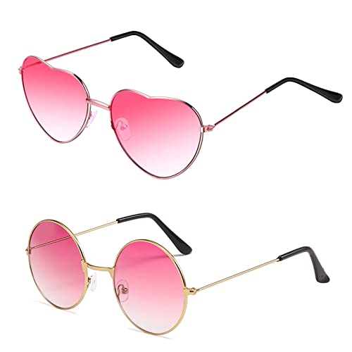 2pcs Herz Sonnenbrille Rund Hippie Gläser Neon Brille Pink Vintage Brille Retro Partybrillen Rosa Kostüm Accessoires für Karneval Party Foto Requisiten Herren Damen 70er 80er Jahre John Lennon von QincLing