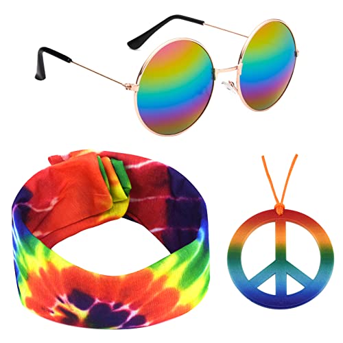 3 Stück Hippie Kostüm Set, Hippie Accessoires Damen Hippie Dress Costume Buntes Hippie Stirnband Halskette Peace Zeichen Sonnenbrille Kostüm Hippie Verkleidung Kostümzubehör Hippie Zubehör Herren von QincLing