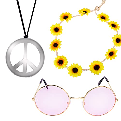 3Pcs Hippie Accessoires Set Friedenszeichen Kette Sonnenblumen Stirnband Runde Deko Sonnenbrille Silber Peace Zeichen Anhänger Retro verkleidung für 60er 70er 80er Kostüm Zubehör Party Damen Herren von QincLing