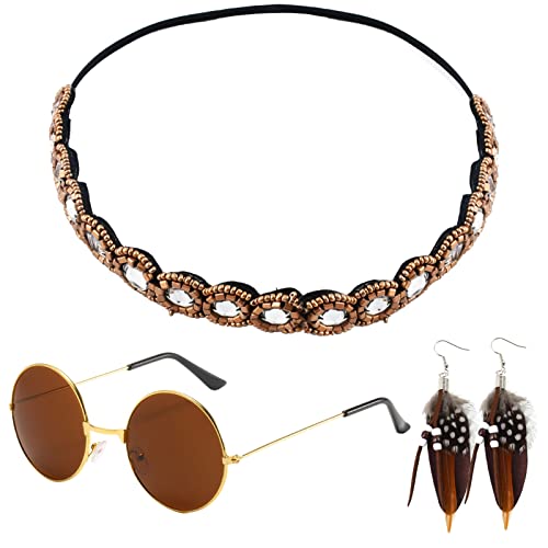 QincLing 3 Stück Hippie Accessoires Damen Set, Outfit Hippie Schmuck Karneval Retro Sonnenbrille Rund Boho Stirnband Hippie Ohrringe Federn 60Er 70Er Jahre Hippie Kostüm Zubehör von QincLing