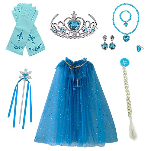 Qingzhuan Kostüm Prinzessin Mädchen,Blaue Prinzessin Umhang Mädchen mit blauer Krone Schmuck Perücke Handschuhe Geburtstag Kostüme Rollenspiel Set von Qingzhuan