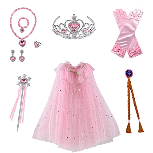 Qingzhuan Kostüm Prinzessin Mädchen,Rosa Prinzessin Umhang Mädchen mit rosa Krone Schmuck Perücke Handschuhe Geburtstag Kostüme Rollenspiel Set von Qingzhuan