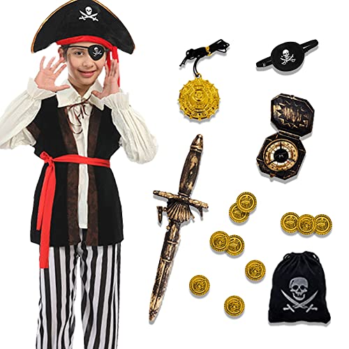 Qingzhuan Piratenkostüm Kinder, Jungenkostüm mit Piratenhüten, Augenklappe, Piratenzubehör, Piratenkostüm für Halloween, Piratenparty, Fasching, Größe L von Qingzhuan