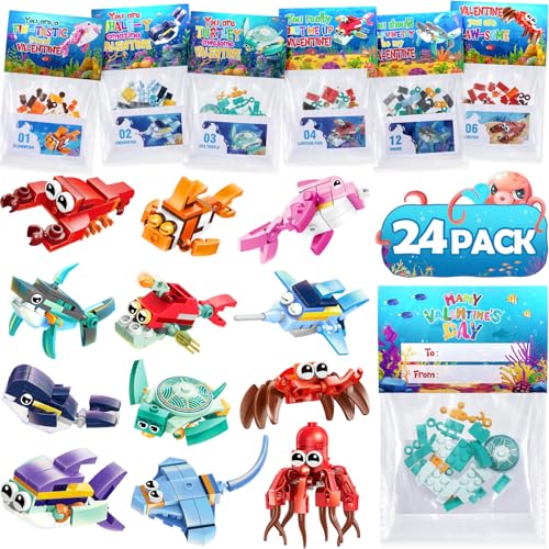 Qinline 24 Stück Partygeschenke für Kinder 8–12, Meerestier-Bausteine-Set mit Geschenkkarten für Kinder, Schule, Klassenzimmer, Valentinstagsgeschenke, Austausch für Jungen, Mädchen, Kinder Qinline 24 Stück Partygeschenke für Kinder 8–12, Meerestier-Bausteine-Set mit Geschenkkarten für Kinder, Schule, Klassenzimmer, Valentinstagsgeschenke, Austausch für Jungen, Mädchen, Kinder von Qinline