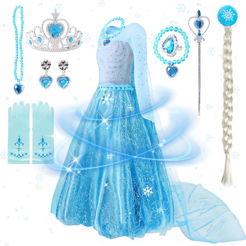 Qintora ELSA Kostüm Kinder Mädchen, ELSA Kinder Prinzessin Kleid 11-teiliges Set mit Krone Diadem Handschuhe Zauberstab usw für Weihnachten Verkleidung Karneval Halloween,kostüm mädchen (120cm) von Qintora