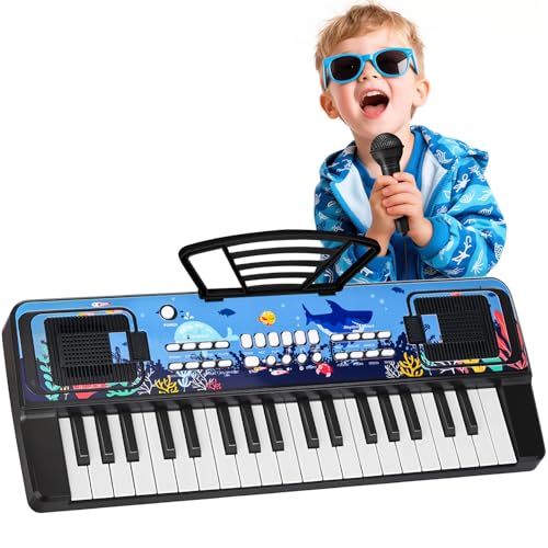 Kinder Keyboard Klavier mit Mikrofon Notenständer, 37 Tasten Tragbare Elektronische Kinderklavier Musik Spielzeug ab 3 4 5 6 Jahren, Geburtstag Weihnachten Geschenke für Jungen/Mädchen von QiquBox