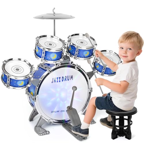 Kinder Schlagzeug Spielzeug, Kinderspielzeug Schlagwerk Drumset mit Hocker Musikspielzeug Weihnachten Geburtstag Geschenk für 3-6 Jahre Kleinkinder Jungen Mädchen, Blau von QiquBox
