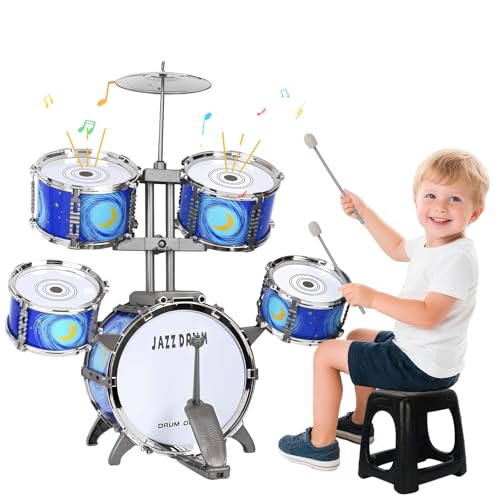 Kinder Schlagzeug Spielzeug von 3-7 Jahre - Kinderspielzeug Schlagwerk Drumset mit Hocker Musikspielzeug Weihnachten Geburtstag Geschenk für Kleinkinder Jungen Mädchen, Blau von QiquBox