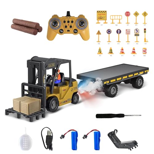 QiquBox Ferngesteuertes Gabelstapler-Spielzeug, 1/24 RC Gabelstapler-Spielzeug mit Trägerplatte/Kisten/Holz/Verkehrsschild/Ton- und Lichtspray, Zwei wiederaufladbare Batterien, Geschenke für Jungen von QiquBox