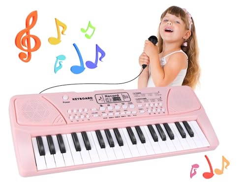 Rosa Klavier Spielzeug zum 4 Geburtstag für Mädchen - 37-Tasten Kinder Piano Keyboard mit Mikrofon - Kleinkind Musikspielzeug für 3 4 5 6 7 jährige Mädchen Jungen Geschenk von QiquBox