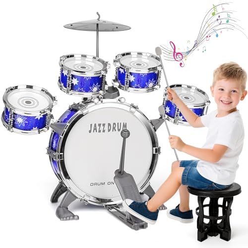 Upgrade Schlagzeug für Kinder 3-5 Kleinkind Spielzeug Alter 2-4 Jazz Drum Set mit Hocker Musikinstrument Spielzeug für 3 4 5 Jahre alte Mädchen Jungen Geschenke von QiquBox