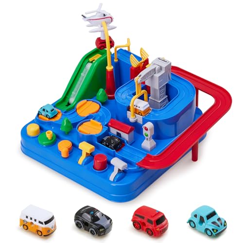 Qivange Auto Abenteuer Spielzeug, Auto Spielzeug Rennstrecken ab 3 4 5 6 Jahre Jungen Mädchen, Track Cars Toys enthält 4 Spielzeugautos, Kinderspielzeug für Weihnachten Geburtstagsgeschenk von Qivange