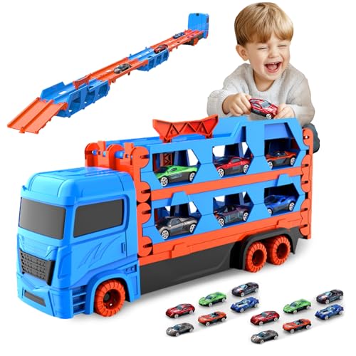 Qivange Transport Truck Spielzeug für 3 4 5 6 7 8 9 Jahre alte Jungen, Tragbares Rennbahn Spielzeugautos Auto mit 12 Rennautos, Kinder Auto Spielzeug Geschenk für 3-9 Jahre Kinder Jungen Mädchen von Qivange