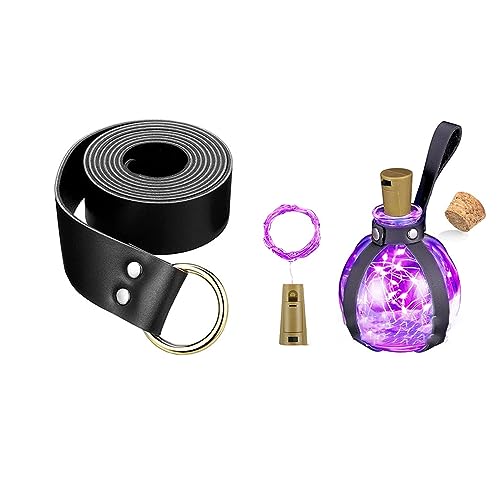 Qivine LED-Flaschenlicht Mittelalterlicher Gürtel, Mittelalterliche Kunstleder Kordelzug Beutel, Mittelalter Gürtel & Zaubertrank Flasche mit Korken, Ledergürtel Weinflasche Licht Halloween (violett) von Qivine