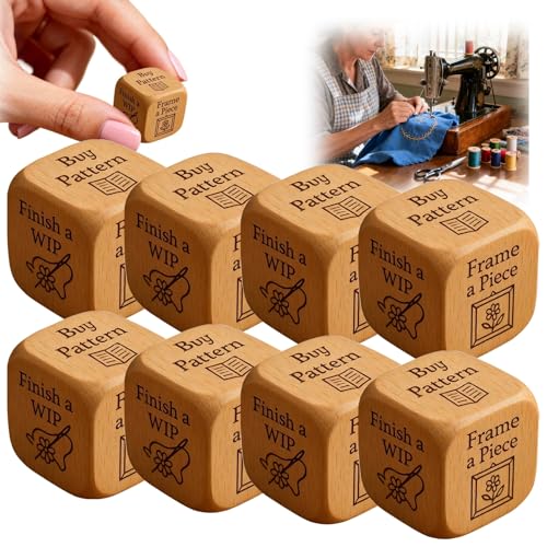 Qixfyze Embroiderers Dice, Stick Würfel 6-seitiger Handgefertigter Entscheidungswürfel aus Holz für Quilter mit Eingravierten Stickaufgaben, Lustiges Nähwürfel Geschenk für Bastelliebhaber(A-8PCS) von Qixfyze