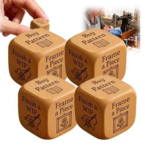 Qixfyze Embroiderers Dice, Stick Würfel 6-seitiger Handgefertigter Entscheidungswürfel aus Holz für Quilter mit Eingravierten Stickaufgaben, Lustiges Nähwürfel Geschenk für Bastelliebhaber(A-4PCS) von Qixfyze