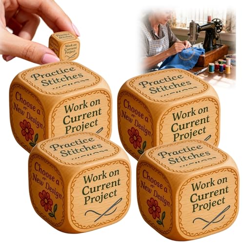 Qixfyze Embroiderers Dice, Stick Würfel 6-seitiger Handgefertigter Entscheidungswürfel aus Holz für Quilter mit Eingravierten Stickaufgaben, Lustiges Nähwürfel Geschenk für Bastelliebhaber(B-4PCS) von Qixfyze