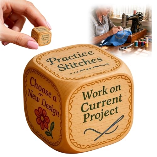 Qixfyze Embroiderers Dice, Stick Würfel 6-seitiger Handgefertigter Entscheidungswürfel aus Holz für Quilter mit Eingravierten Stickaufgaben, Lustiges Nähwürfel Geschenk für Bastelliebhaber(B-1PC) von Qixfyze