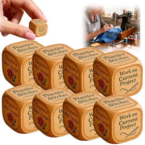 Qixfyze Embroiderers Dice, Stick Würfel 6-seitiger Handgefertigter Entscheidungswürfel aus Holz für Quilter mit Eingravierten Stickaufgaben, Lustiges Nähwürfel Geschenk für Bastelliebhaber(B-8PCS) von Qixfyze
