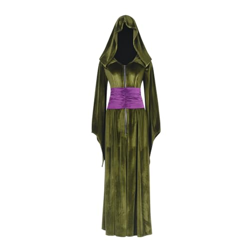 Qixiaan Cosplay Langarm Kleid Damen Party Rock Halloween Kostüm Zauberer Robe Kleid Performance Kostüm Grün Kapuze Robe Zauberer Set von Qixiaan