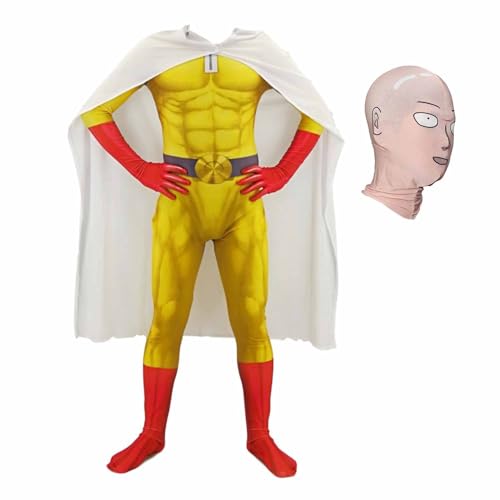 Qixiaan Saitama Cosplay Kostüm Set Overall mit Umhang Saitama Kostüm Bodysuit Muskeln Anime Merch für Halloween Karneval Party Performance Unisex von Qixiaan