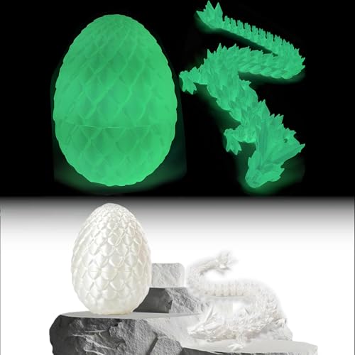 Qixuer 3D Gedruckter Drache im Ei, Weiß 3D Gedruckter Artikulierter Drache, Geeignet für Kinder, für Büros und Home Offices Lieben (Grünes Leuchten im Dunkeln) von Qixuer