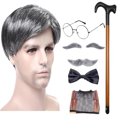 Qizeroty 8 Stück Opa-Kostümset Für Herren – Graue Perücke, Bart, Augenbrauen, Gehstock, Brille, Schnurrbart, Fliege, Perückenkappe Geeignet Für Halloween, Weihnachten, Cosplay (B) von Qizeroty