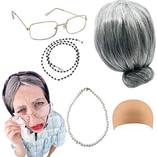 Qizeroty Alte Dame Kostüm für Mädchen | 100. Schultag Oma Kostüm,Oma Set Perücke mit Brillenkette, Perlenkette, Armband, Brille für Kinder Mädchen, 5-tlg Qizeroty Alte Dame Kostüm für Mädchen | 100. Schultag Oma Kostüm,Oma Set Perücke mit Brillenkette, Perlenkette, Armband, Brille für Kinder Mädchen, 5-tlg von Qizeroty