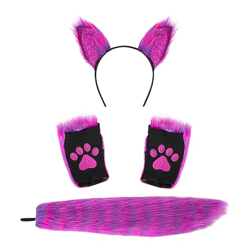 Qizeroty Flauschiges Tierohren-Stirnband Mit Langen Schwanzklauenhandschuhen, Halloween-Rollenspiel-Party-Kostüm-Zubehör-Set Für Mädchen Und Frauen (Lila) von Qizeroty