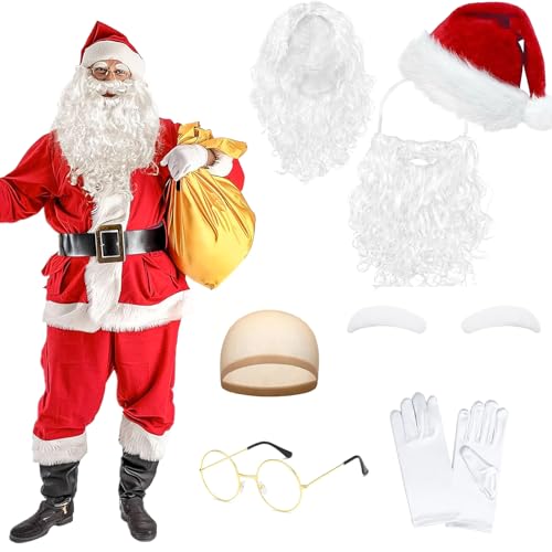 Qizeroty Weihnachtsmann Perücken Und Bart Set, Einschließlich Bart, Perücke, Augenbrauen, Mütze, Brille, Handschuhe, Haarnetz, Weihnachtsmann Rollenspiel Kostümzubehör, Weihnachtsmaskerade Zubehör von Qizeroty
