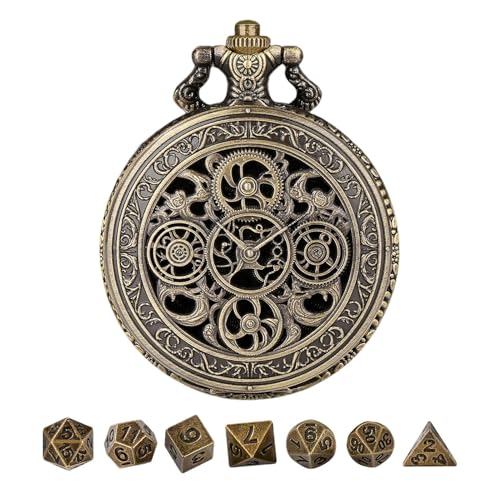 Würfelset Mit Taschenuhr, Vintage Metallhohlzahnrad Würfelset Mit Taschenuhrengehäuse, Rollenspiel Brettspielzubehör, MiniZahnradzeigergehäuse Würfelset Geeignet Als Vintage Dekoration Oder Geschenk von Qizeroty