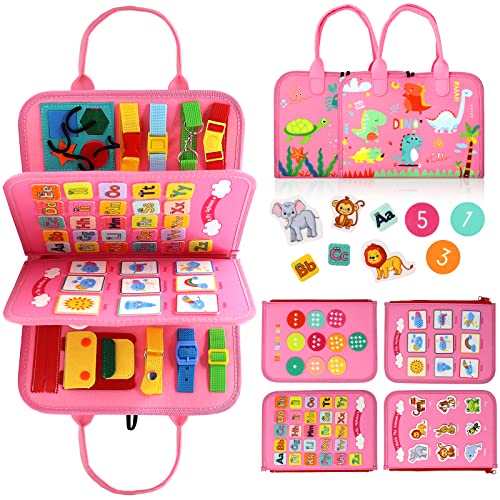 Qizfun Busy Board Montessori Spielzeug für 1 2 3 4 Jahre – Kleinkinder Activity Board Sensorisches Lernspielzeug, Kleinkind Reisespielzeug für Flugzeugauto, Geschenk für Jungen Mädchen (Rosa) von Qizfun