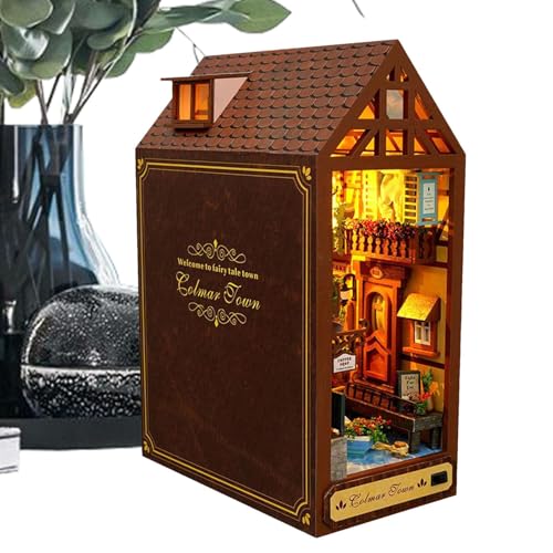 Qkbuza Book Nook Bausatz Für Erwachsene - Holz 3D Kreativ Puzzle Statue,LED Beleuchtetes Lernspielzeug Haus Modell Für Lesezimmer Kinder Erwachsene Weihnachten Halloween von Qkbuza