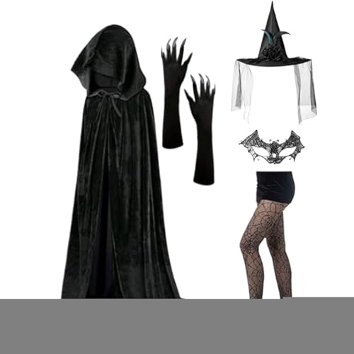 Qkbuza Hexenkostüme für Erwachsene für Frauen | Hexenumhang Set | Halloween Spitze Maske Socken Umhang Hut für Bühnenauftritt Abschlussball Hochzeit von Qkbuza