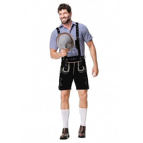 Qmfvqi Oktoberfest Herren Trachten Set Lederhose mit Trägern Kariertes Hemd Herren Kostüm BayernOutfit für Karneval Volksfest Bierfest Wiesn Party mittelalter Kleidung von Qmfvqi