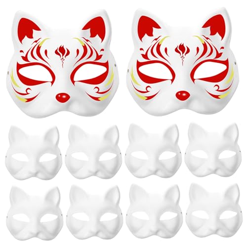 QmjdDymx 10pcs Therian Maske Blindkolbenkatze Katze Fuchs Papiermasken DIY Halbgesicht Maskerade mit Gummiband für Halloween Cosplay, leere Maske von QmjdDymx