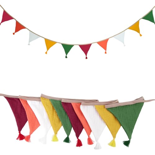 QmjdDymx 2pcs Vintage Fabric Bunting Banner, Dreieck Pennant mit Quasten 10 Flags für Weihnachten Geburtstag Babyparty Jubiläum (Style1), Flag -Banner von QmjdDymx