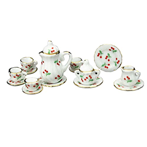 QmjdDymx Dollhouse Miniature Tee -Set, 15 PCS Dollhouse Miniature Tee Set Porzellan Tasse Pot Teller Kirschdruck 1:12 Skala, Porzellanbecher von QmjdDymx