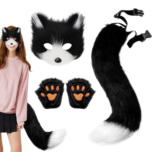 QmjdDymx Fox Mask und Tail Set Flauschige pelzige Kostüm beinhaltet Pfotenhandschuhe Therian Halloween Cosplay für Kostümparty, Fox Ohrs von QmjdDymx